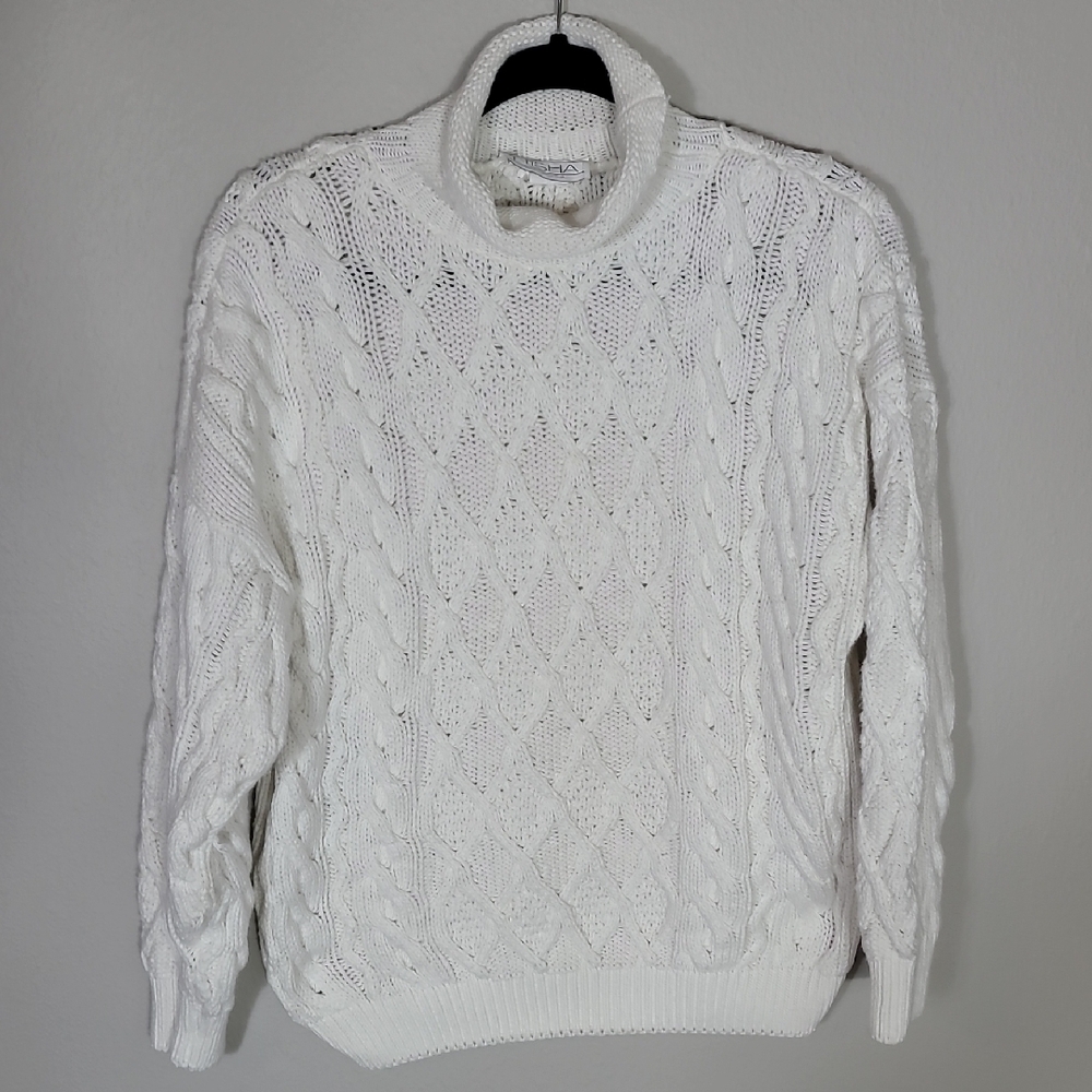 Vintage Nisha Chunky Cable Knit Fisherman Sweater Roll Neck 100% Cotton Ivory
